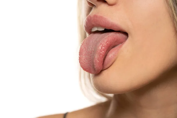 Side View Woman Tongue Close — Stock Photo, Image