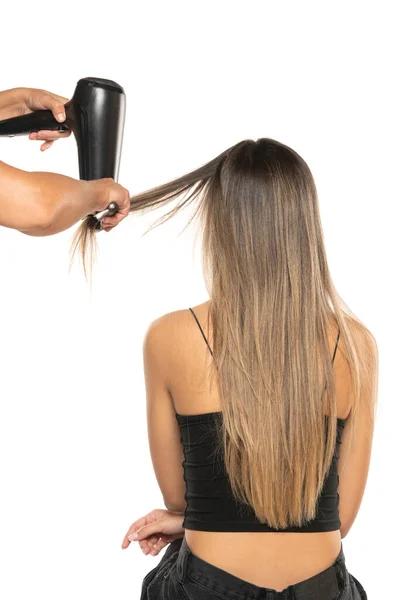 Rear View Hairdresser Drying Woman Hair Studio White Background — Stock Photo, Image