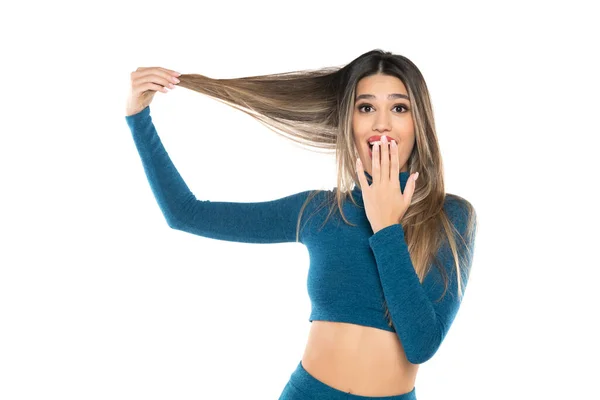Excited Happy Young Woman Holding Her Long Hair White Studio — Stock Photo, Image