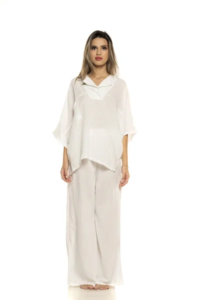 Young Modern Barefeet Woman White Pants Blouse Posing White Studio — Stock Photo, Image