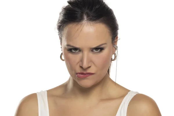 Young Serious Angry Woman Portrait White Studio Background — Stock Photo, Image