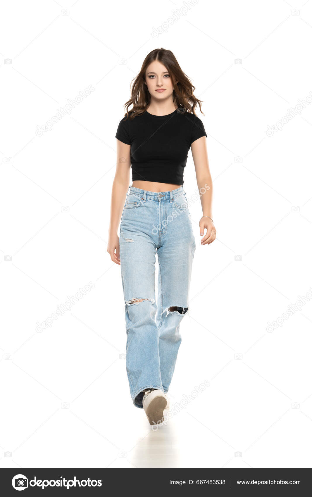 Ripped Jeans With White Background Young Female Model Wearing