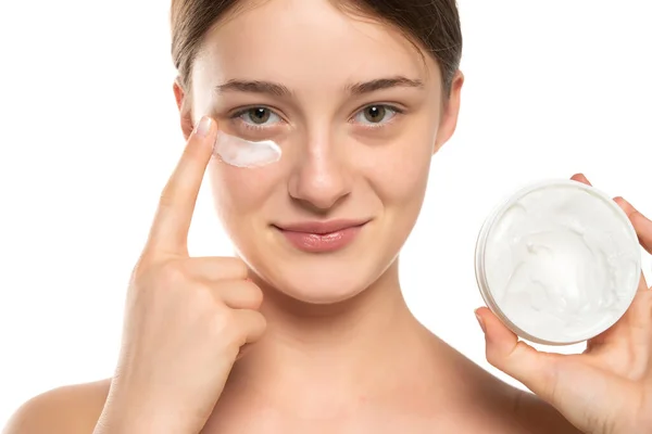 Portrait Adorable Trendy Stylish Model Having White Jar Cream Applying — Stock Photo, Image