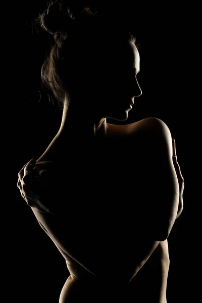 Sensual Portrait Silhouette Beautiful Woman Backlight Black Studio Background — Stock Photo, Image