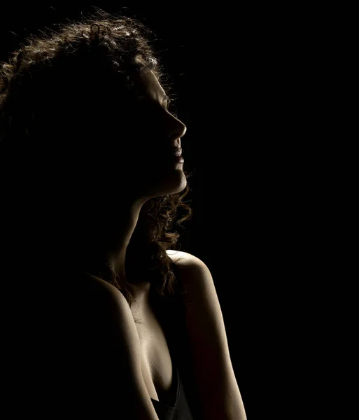 背景为黑色的背光下美丽卷曲女人的性感肖像轮廓 — 图库照片