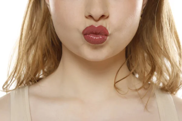 Closeup Woman Making Kissing Gesture White Studio Background — Stock Photo, Image