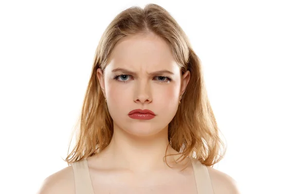 Suspicious Annoyed Young Blond Woman Distrustful Face Looking Camera Skeptical — Stock Photo, Image