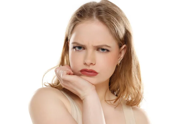 Frustrated Angry Young Blond Woman White Studio Background — Stock Photo, Image