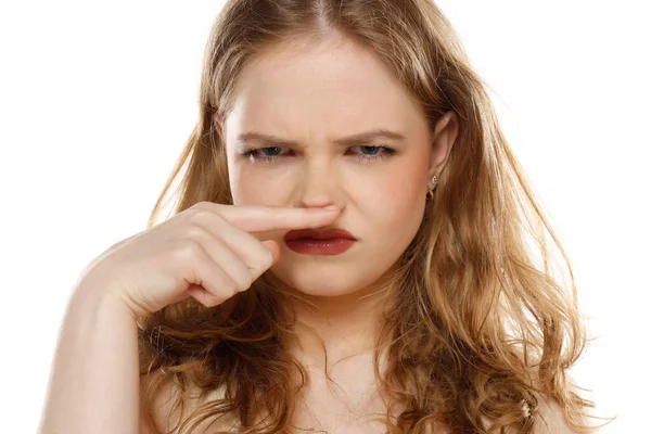 Bad Smell Stinks Young Beautiful Blonde Woman Finger Disgust White — Stock Photo, Image