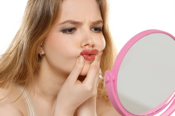 Worried Young Blond Woman Front Mirror Touches Her Mouth White — Stock Photo, Image