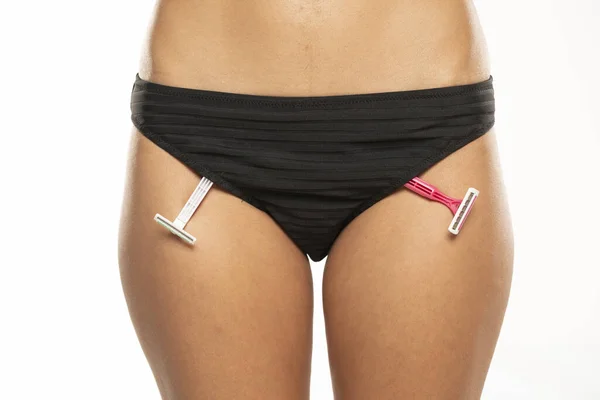 Holení Čepelí Kalhotkách Dívčí Zdraví Intimní Hygienu Krásná Žena Tělo — Stock fotografie