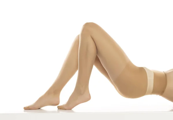 Woman Wearing Tights Lying Isolated White Closeup Legs White Studio — Stock Photo, Image