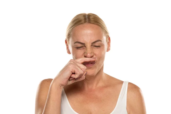 Portrait Senior Woman Itchy Nose Close Face Mature Blonde Woman — Stock Photo, Image
