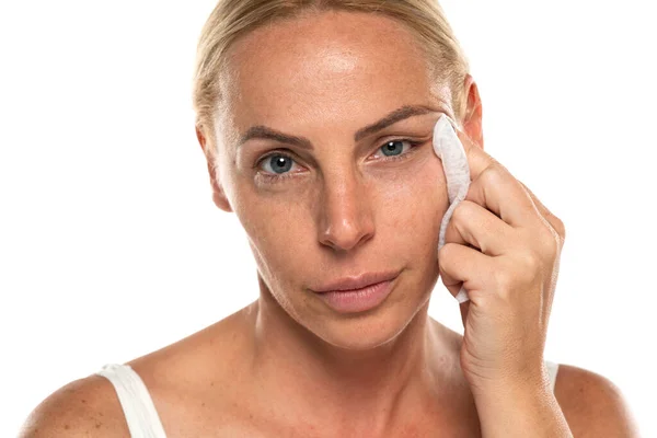 Portrait Senior Woman Clean Her Face Wet Tissues White Studio — Stock Photo, Image