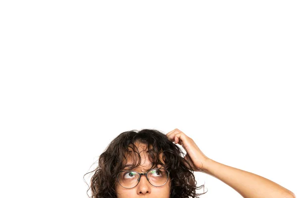 Closeup Portrait Headshot Cropped Face Lips Cute Puzzled Woman Glasses — Stock Photo, Image