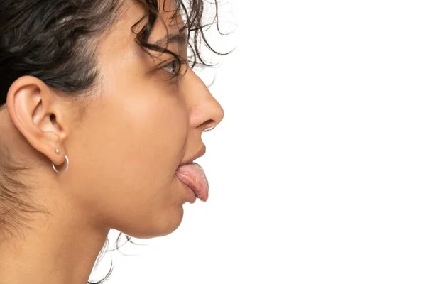 Profile Close Young Etnic Woman Tongue Out White Studio Background — Stock Photo, Image