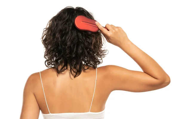 Rückenansicht Kopfschuss Einer Frau Die Ihr Lockiges Dunkles Welliges Haar — Stockfoto