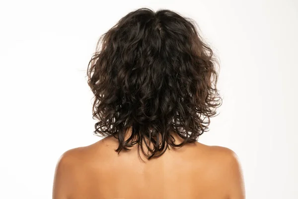 Back View Head Shot Beautiful Curly Dark Wavy Hair Woman — Stock Photo, Image