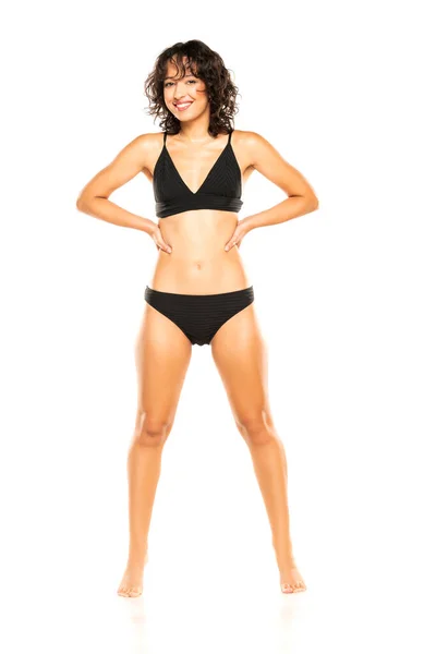 Young Smiling Exotic Brunette Woman Black Bikini Swimsuit Posing White — Stock Photo, Image