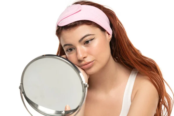 Young Redhead Beautiful Woman Headband Looks Her Self Mirror White — Stock Photo, Image