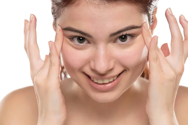 Woman Applying Concealer Flawless Fresh Skin Doing Make Girl Put — Stock Photo, Image