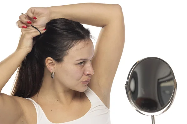 Woman Tying Her Long Smooth Hair Ponytail Making Hairdo Haircare — Stock Photo, Image