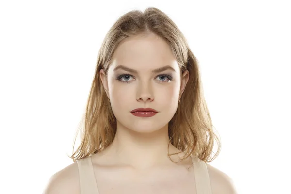 Portrait Young Beautiful Blonde Woman Makeup White Studio Background — Stock Photo, Image
