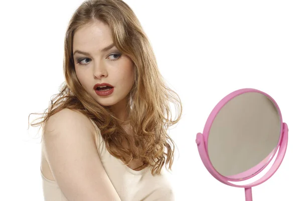 Self Confident Blonde Woman Looking Her Reflection Mirror White Studio — Stock Photo, Image