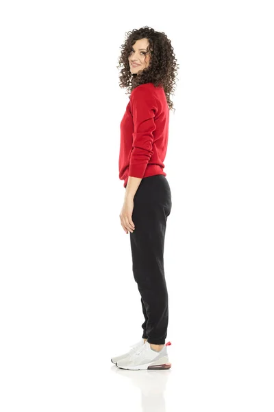 Young Curly Happy Woman Posing White Studio Background Side Profile — Stock Photo, Image