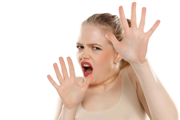 Irritated Scared Blonde Young Female Posing White Studio Wall Keeping — Stock Photo, Image