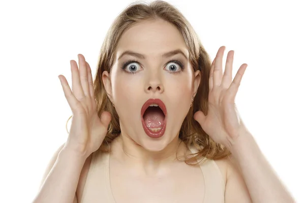 Image Excited Screaming Young Blond Woman Standing Isolated White Studio — Stock Photo, Image