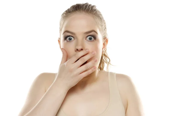 Portrait Shocked Blonde Woman Mouth Covered White Studio Background — Stock Photo, Image