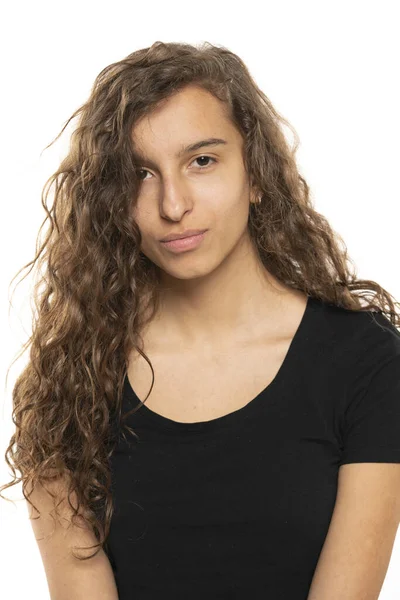 Portrait Young Woman Makeup Long Wavy Hair White Studio Background — Stock Photo, Image