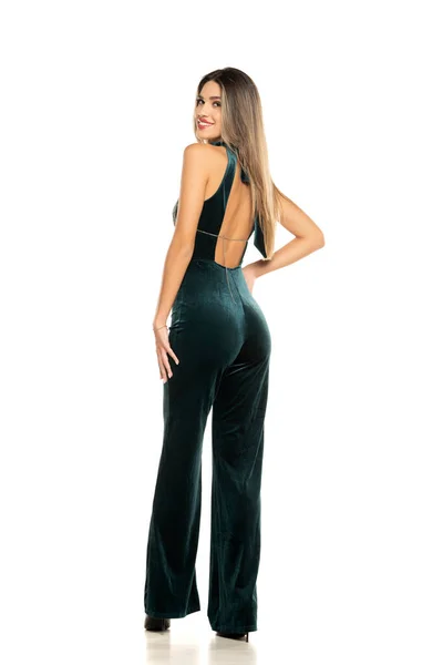 Rear View Fashionable Smiling Woman Long Legs Wearing One Piece — Stock Photo, Image