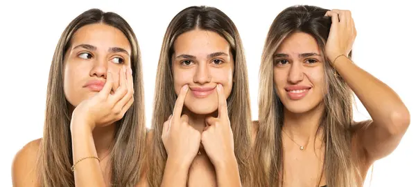 Collage Same Beautiful Young Women Three Different Emotions White Studio — Stock Photo, Image