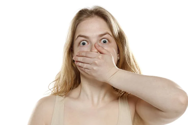 Unpleasantly Surprised Young Blond Woman White Studio Background — Stock Photo, Image