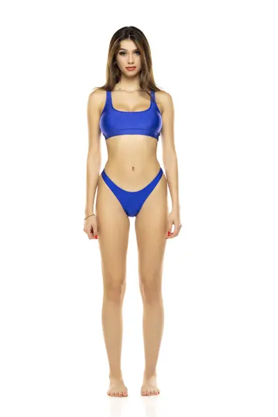 Young Beautiful Brunette Woman Blue Bikini Swimsuit Posing White Studio — Stock Photo, Image