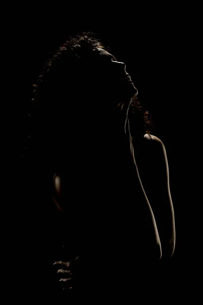 Esrarengiz Zarafet Kıvırcık Saçlı Kadının Karanlık Stüdyo Arkaplanındaki Silüeti — Stok fotoğraf