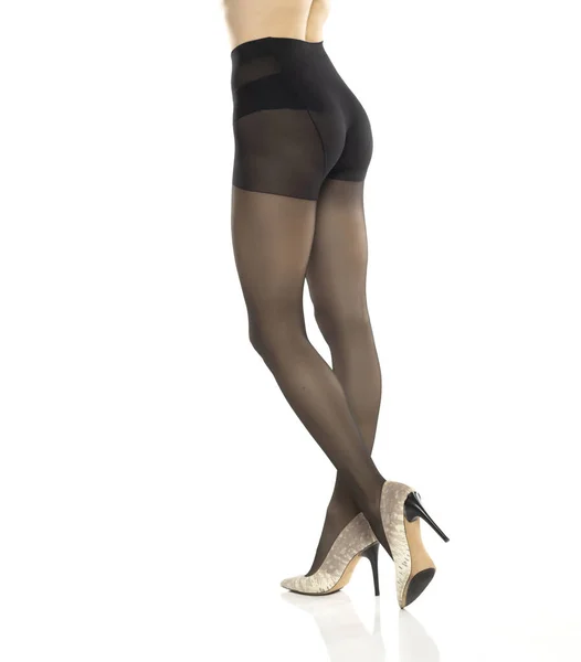 Woman Beautiful Long Legs Black Stockings High Heels Isolated White — Stock Photo, Image