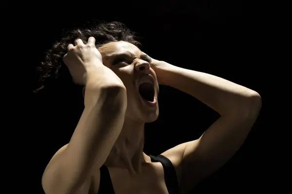Portrait Screaming Woman Shadow Hold Her Head Closed Eyes Black Royalty Free Stock Photos