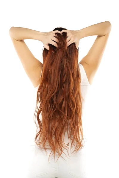 Back View Redhead Woman Long Ginger Wavy Hair White Studio — Stock Photo, Image