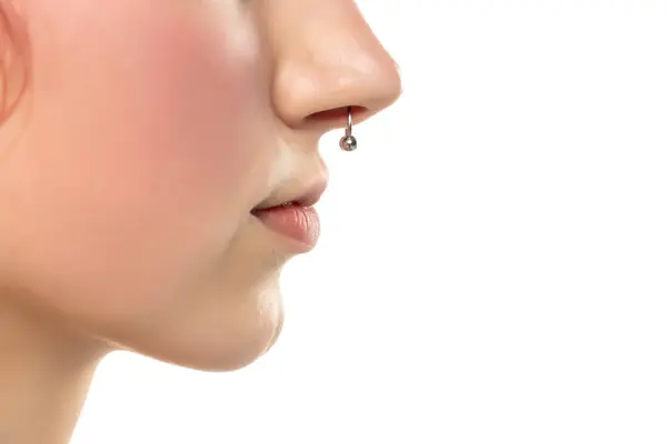 Closeup Young Serious Woman Visage Piercing Septum Hanging Her Nose — Stock Photo, Image