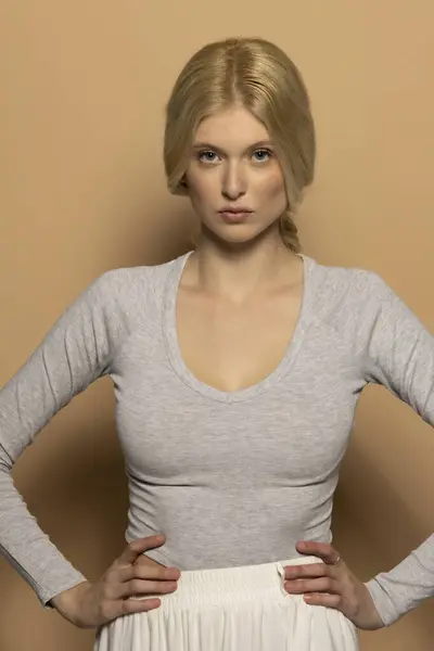 Potret Kecantikan Model Muda Fashion Dengan Rambut Pirang Panjang Terikat Stok Lukisan  