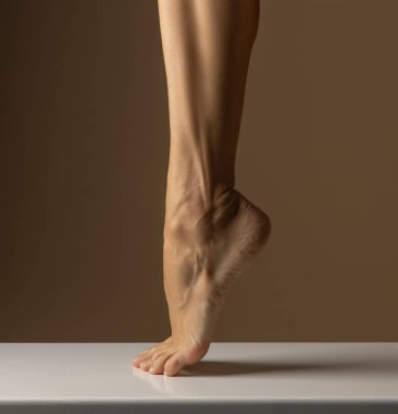 Bej renkli stüdyo arka planında poz veren kadın ayağının yan görüntüsü.