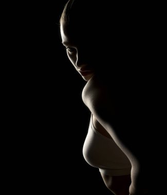 Gösterişsiz ışıklandırılmış bir kadının gizemli yan profili. Gölgeler, gölgelerin pek çok özelliğini belirsizleştirir. Sessizlik ve entrika çağrıştırıyor. Koyu arkaplan.