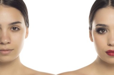 Aynı kadının makyajdan önceki ve sonraki karşılaştırmalı fotoğrafı, beyaz arka planda güzellik konsepti.