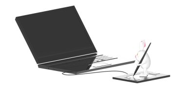 3D karakter, grafik tabletinde kalemle çizilmiş bir tavşan dizüstü bilgisayara bağlı - 3D toon