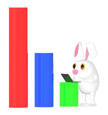 3D karakter, dizüstü bilgisayarda çalışan tavşan. Grafik 3 boyutlu resim.