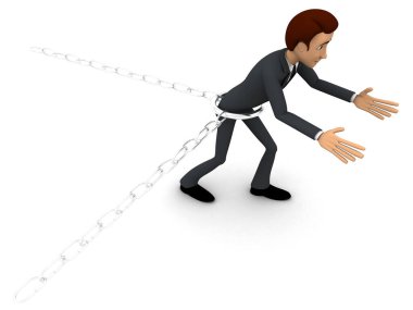 3D adam metalik zinciri tarafından bağlamak ve beyaz arka plan üzerinde açık açılı görünüş kavramı kaçmayı deneyin