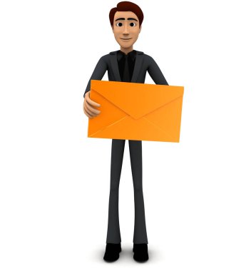 3D adam elinde beyaz izole edilmiş arka plan kavramında altın bir mesaj tutuyor - 3D görüntüleme, ön açı görünümü